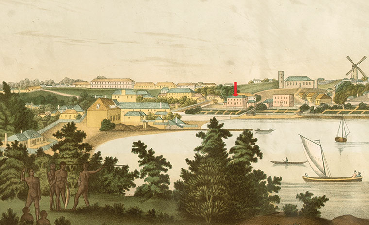 Sydney Cove in 1810 showing the Orphan School